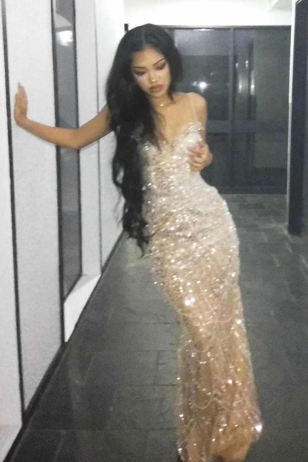 Luxury Champagne Crystal Beaded Mermaid Prom Dress with Spaghetti Straps - Image 6