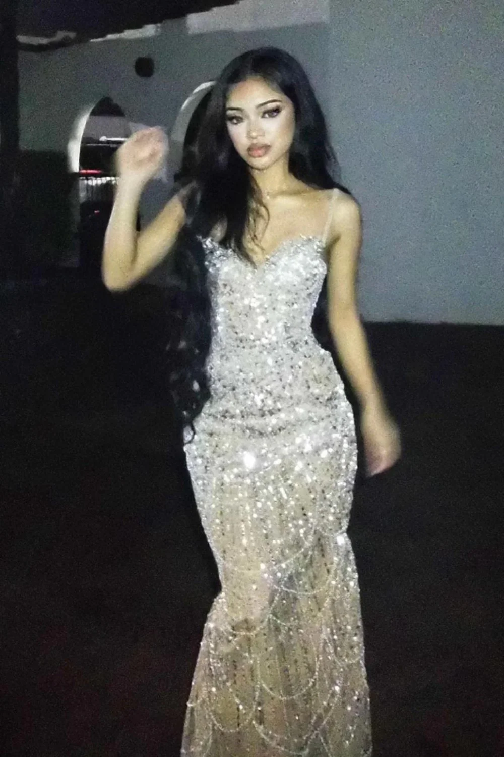Luxury Champagne Crystal Beaded Mermaid Prom Dress with Spaghetti Straps - Image 7
