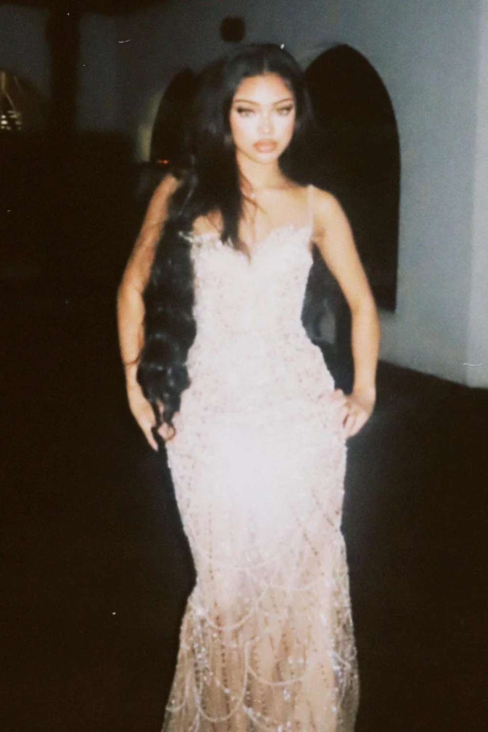 Luxury Champagne Crystal Beaded Mermaid Prom Dress with Spaghetti Straps - Image 8