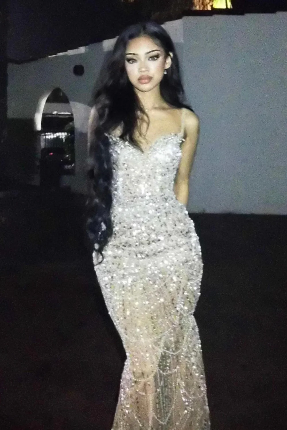 Luxury Champagne Crystal Beaded Mermaid Prom Dress with Spaghetti Straps - Image 9