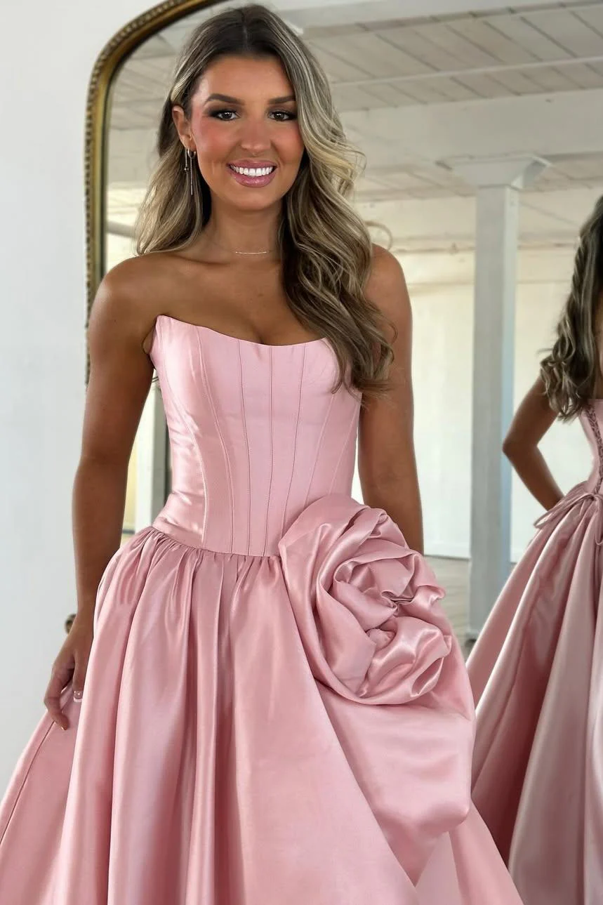 Luxury Strapless Corset Prom Gown with High Slit Skirt and Rosette Accent - Image 10