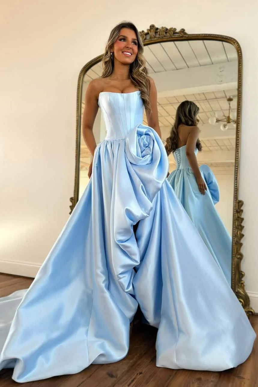 Luxury Strapless Corset Prom Gown with High Slit Skirt and Rosette Accent - Image 13