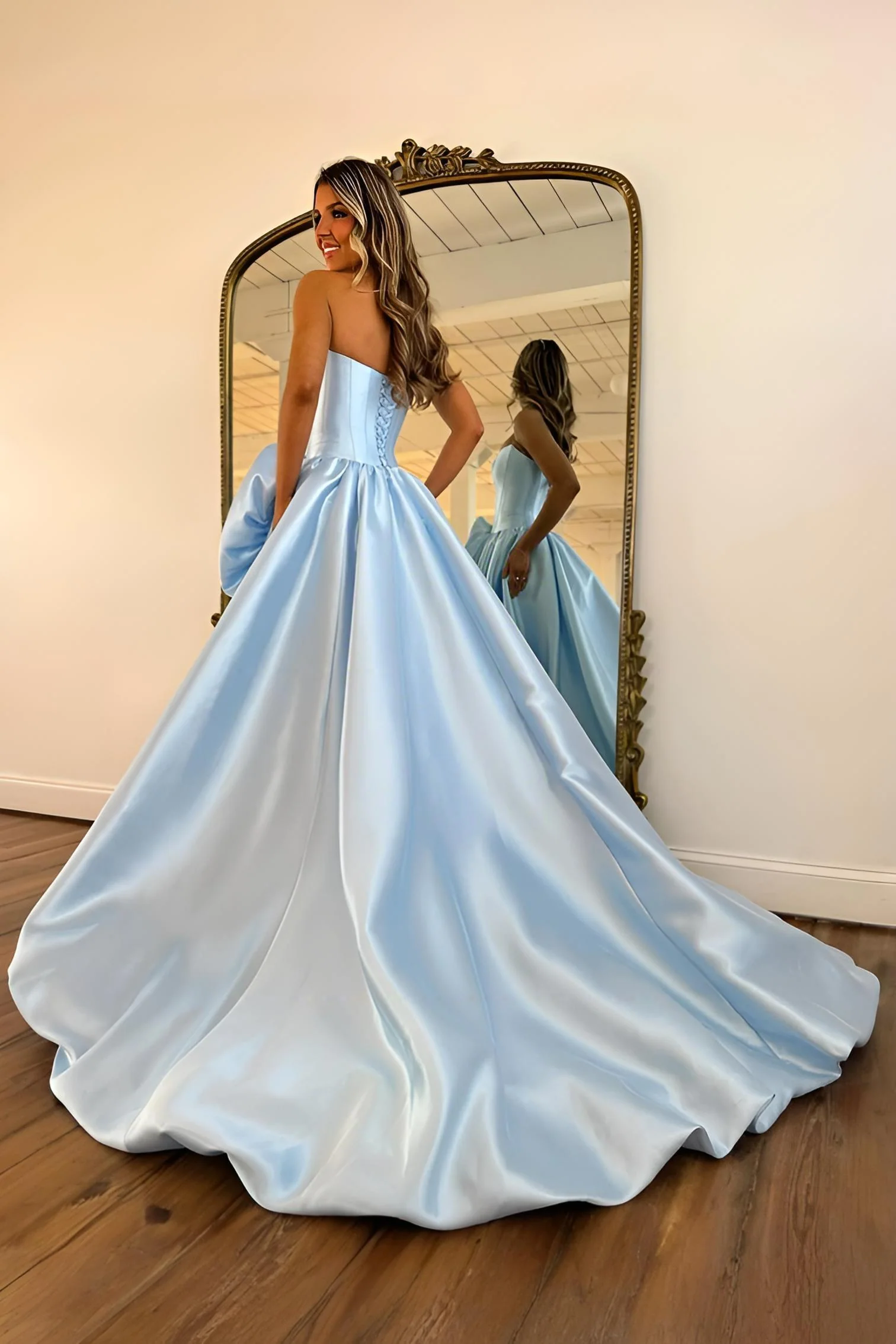Luxury Strapless Corset Prom Gown with High Slit Skirt and Rosette Accent - Image 14