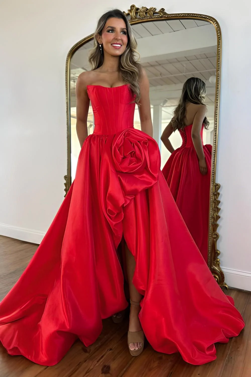 Luxury Strapless Corset Prom Gown with High Slit Skirt and Rosette Accent - Image 5