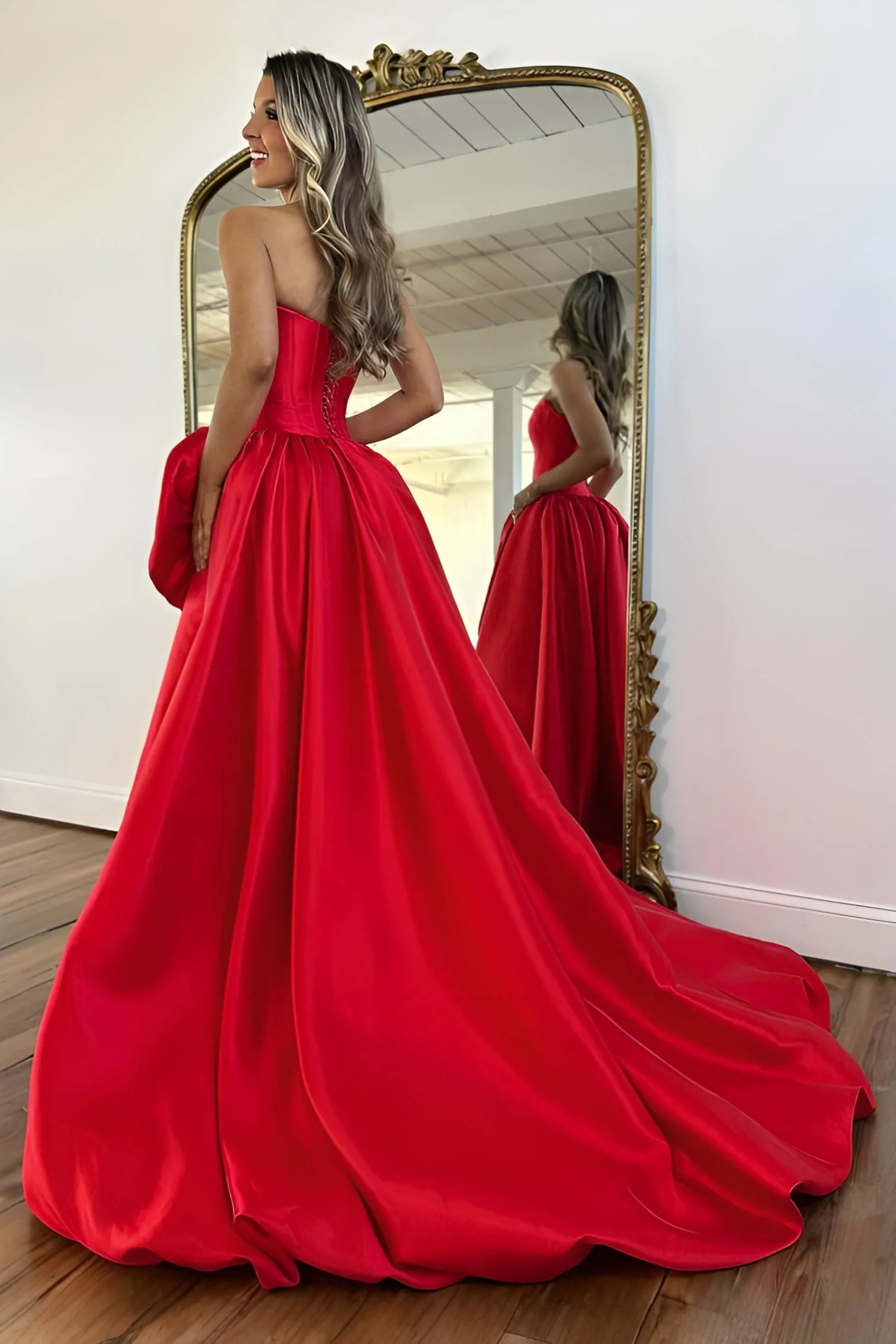 Luxury Strapless Corset Prom Gown with High Slit Skirt and Rosette Accent - Image 6