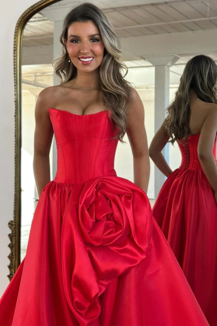 Luxury Strapless Corset Prom Gown with High Slit Skirt and Rosette Accent - Image 7