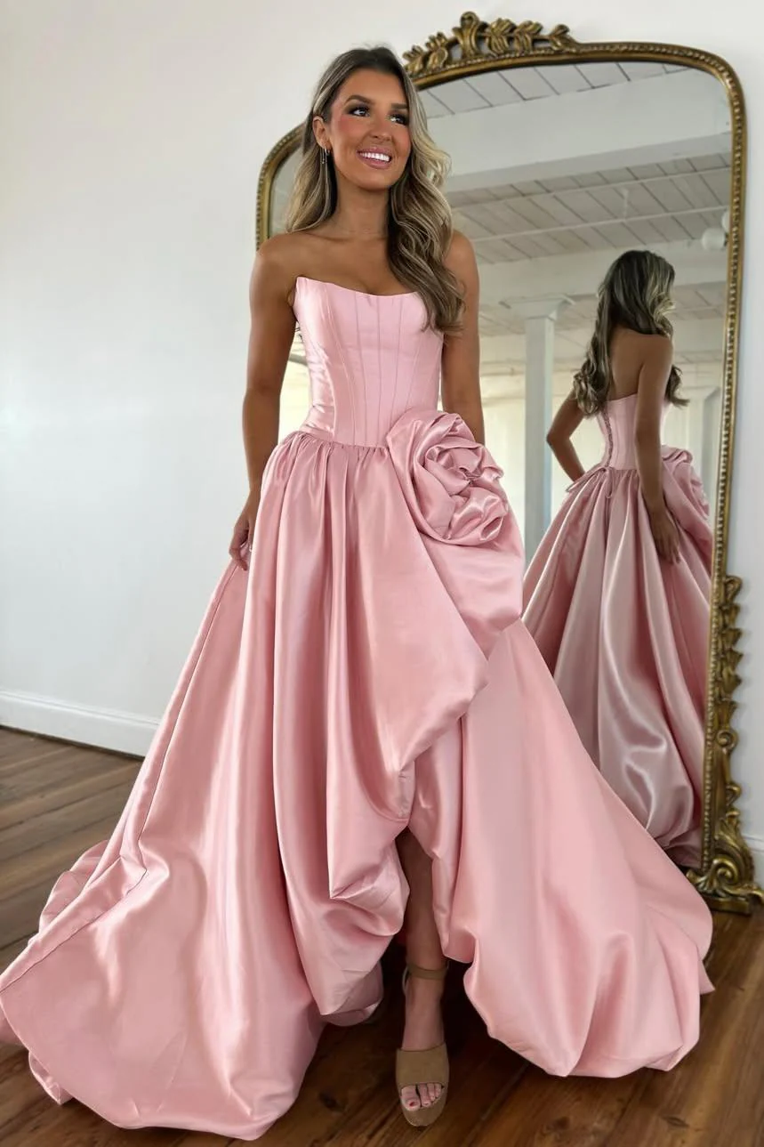 Luxury Strapless Corset Prom Gown with High Slit Skirt and Rosette Accent - Image 9