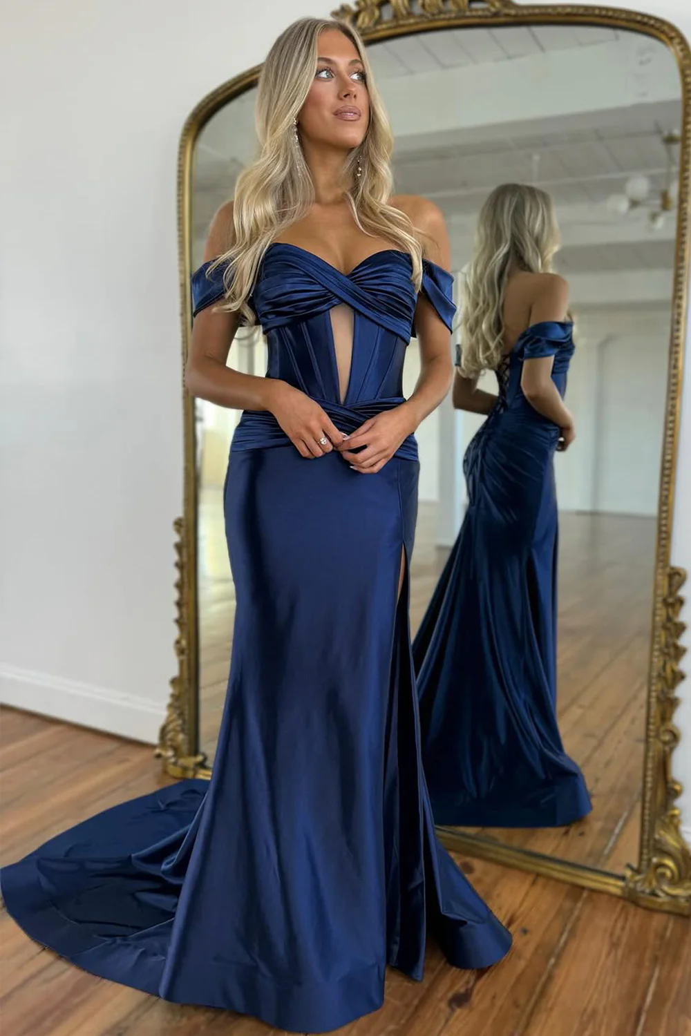 Mermaid Off the Shoulder Long Satin Gown with Slit Detail Prom Dress - Image 8
