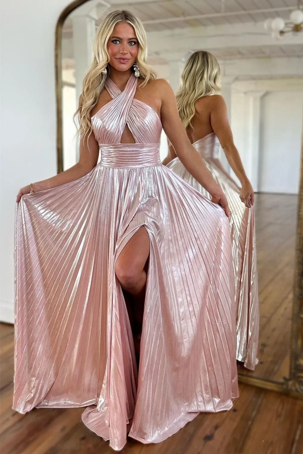 Metallic Halter Pleated A-Line Prom Dress with Keyhole Bodice and Thigh Slit - Image 4