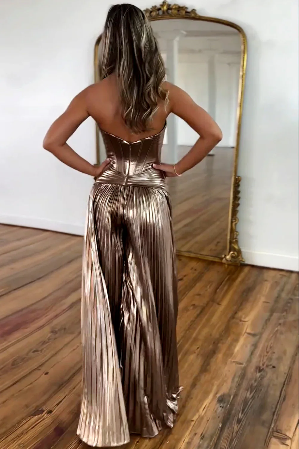 Metallic Sweetheart Neckline Pleated Jumpsuit with Zipper Back for Prom - Image 2
