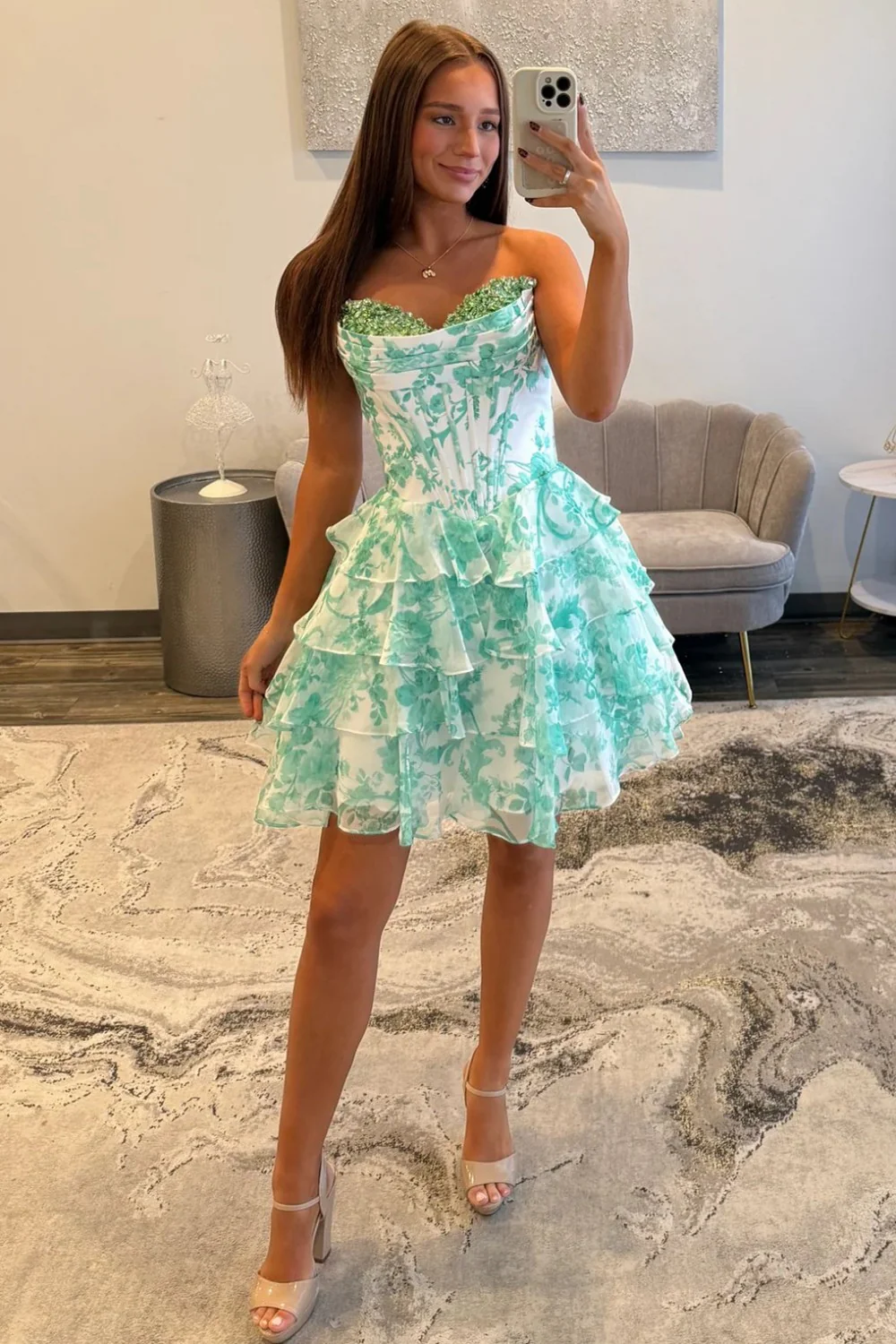 Mint Green Floral Tiered Ruffle Homecoming Dress with Sequin Sweetheart Bodice - Image 2