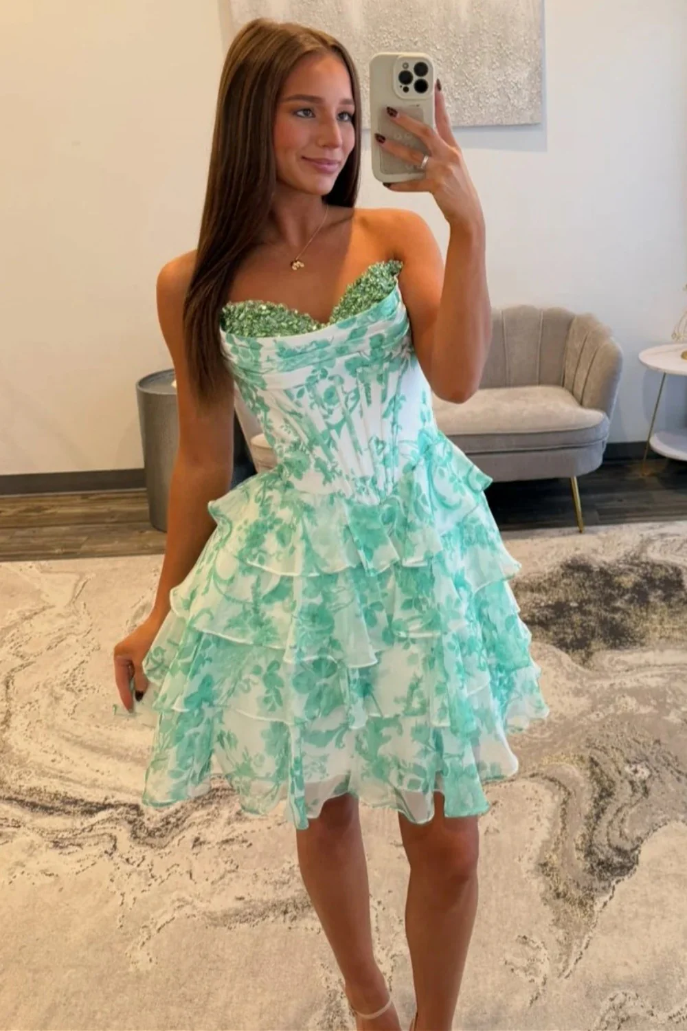 Mint Green Floral Tiered Ruffle Homecoming Dress with Sequin Sweetheart Bodice - Image 5