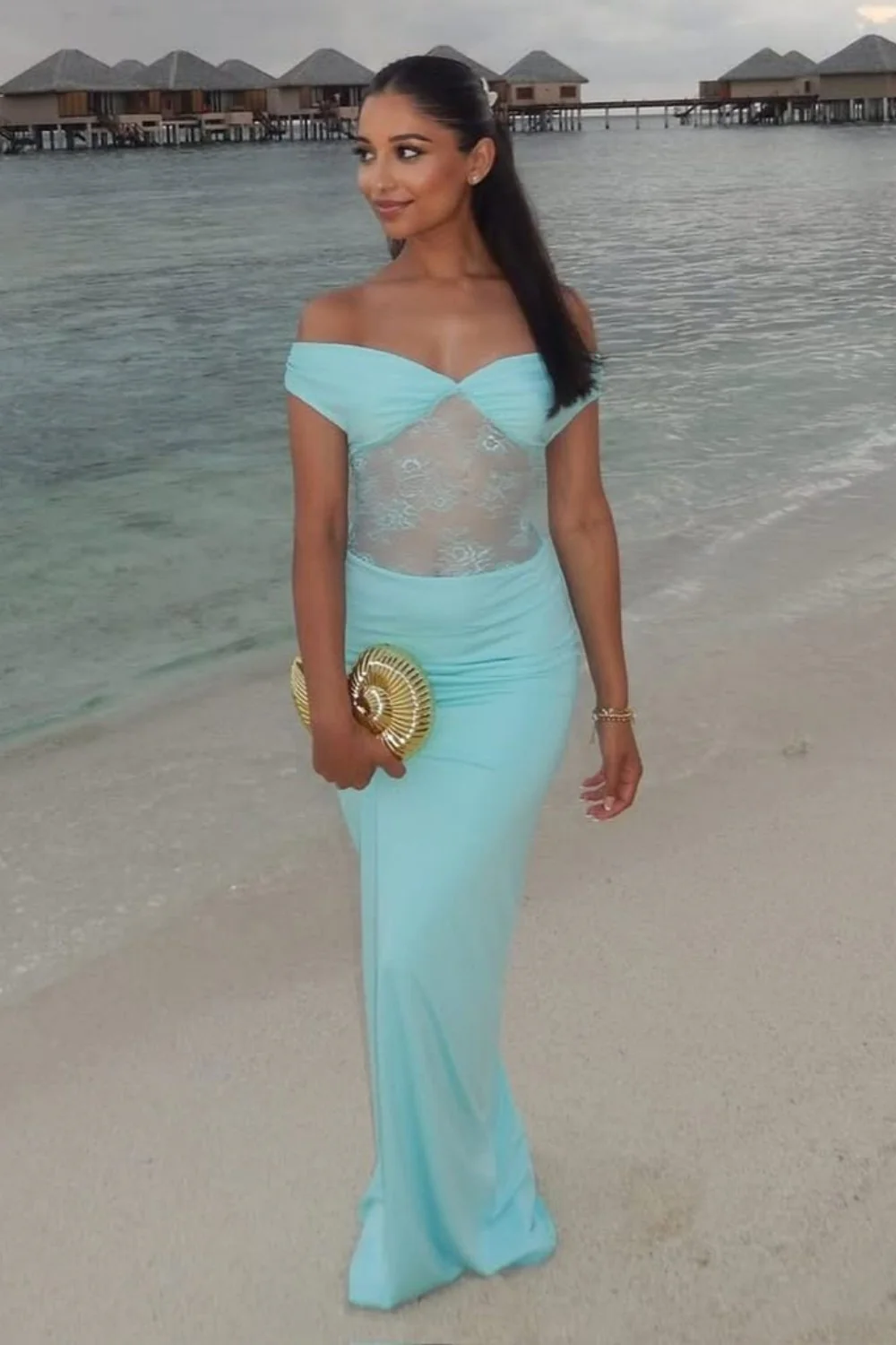 Mint Green Off The Shoulder Sheer Lace Waist Formal Evening Gown