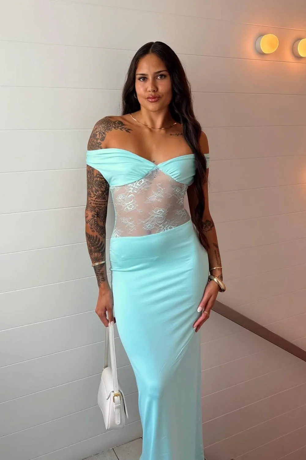 Mint Green Off The Shoulder Sheer Lace Waist Formal Evening Gown - Image 6