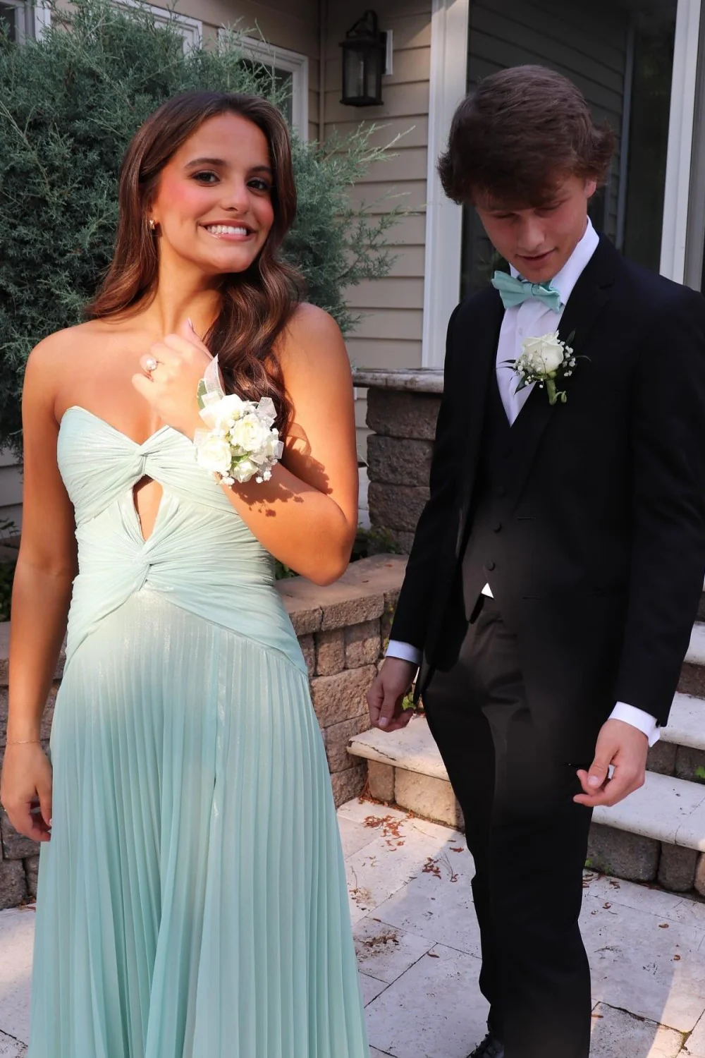 Mint Green Strapless Pleated Prom Dress with Front Twist & Slit - Image 4