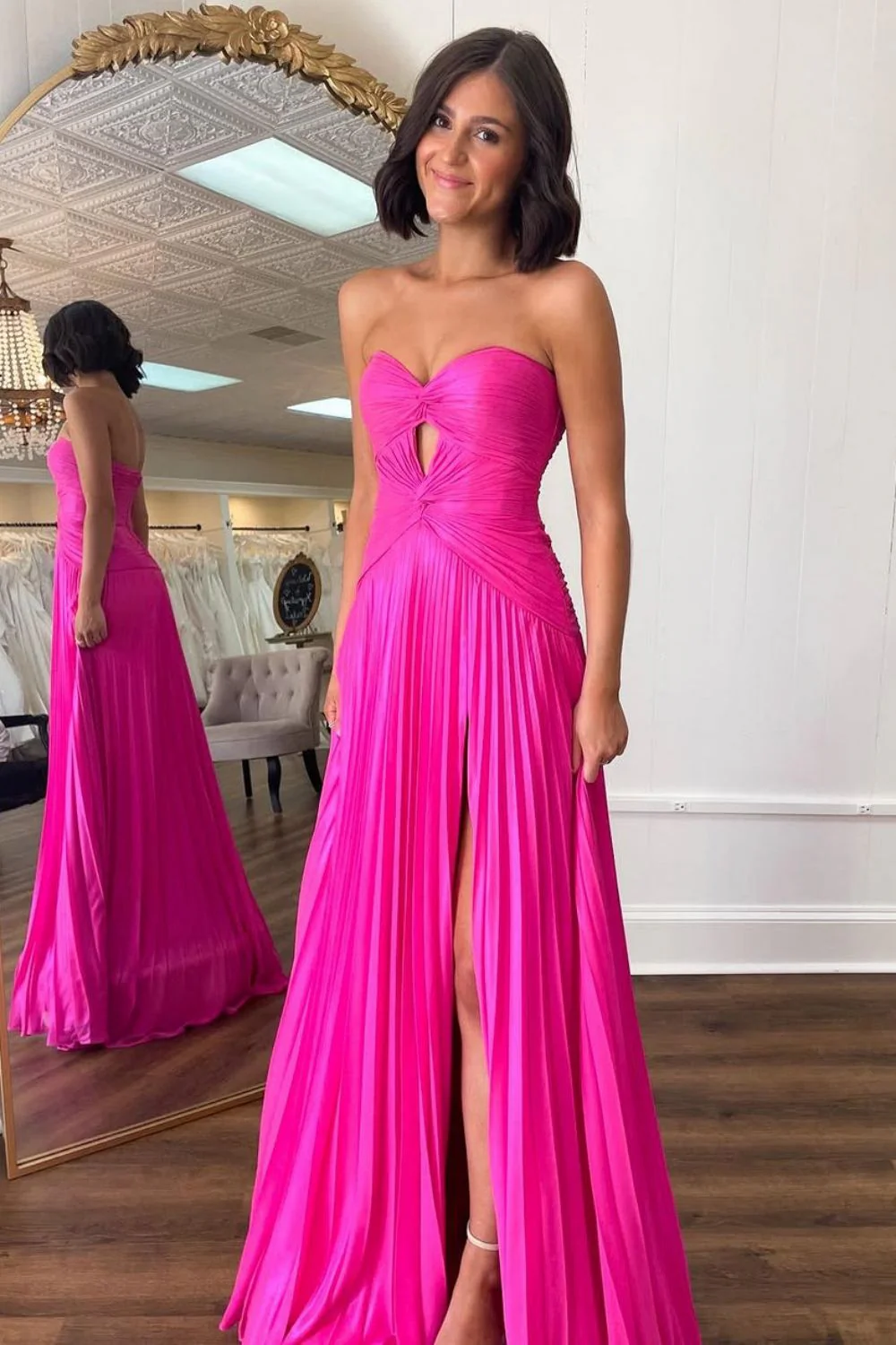 Mint Green Strapless Pleated Prom Dress with Front Twist & Slit - Image 5