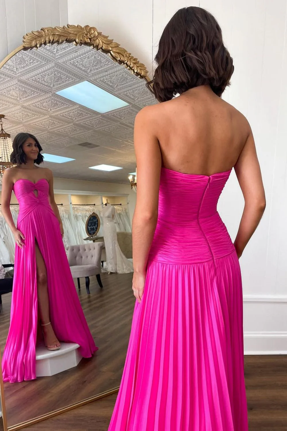 Mint Green Strapless Pleated Prom Dress with Front Twist & Slit - Image 6