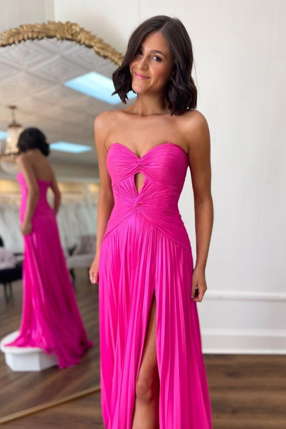 Mint Green Strapless Pleated Prom Dress with Front Twist & Slit - Image 7