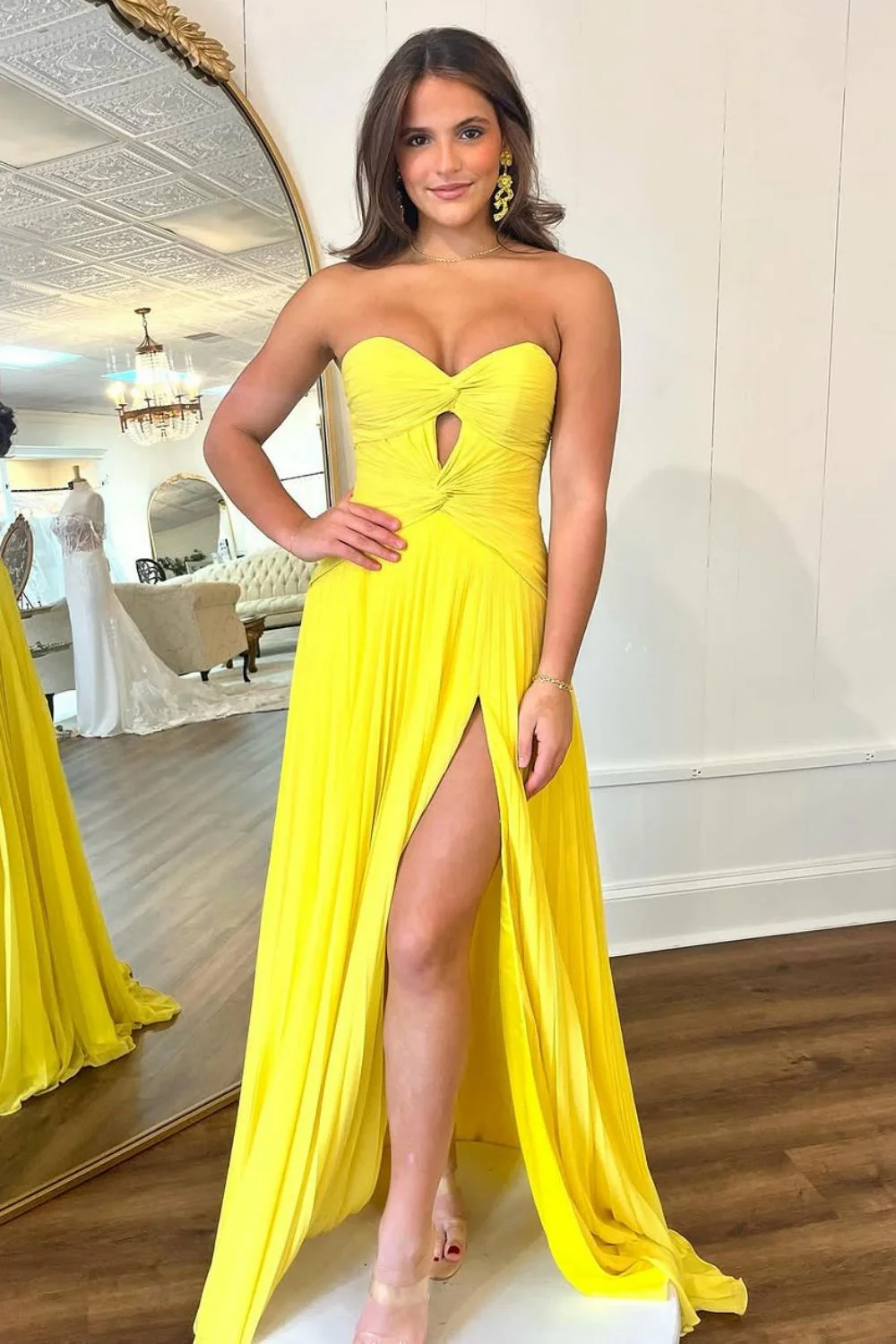 Mint Green Strapless Pleated Prom Dress with Front Twist & Slit - Image 8