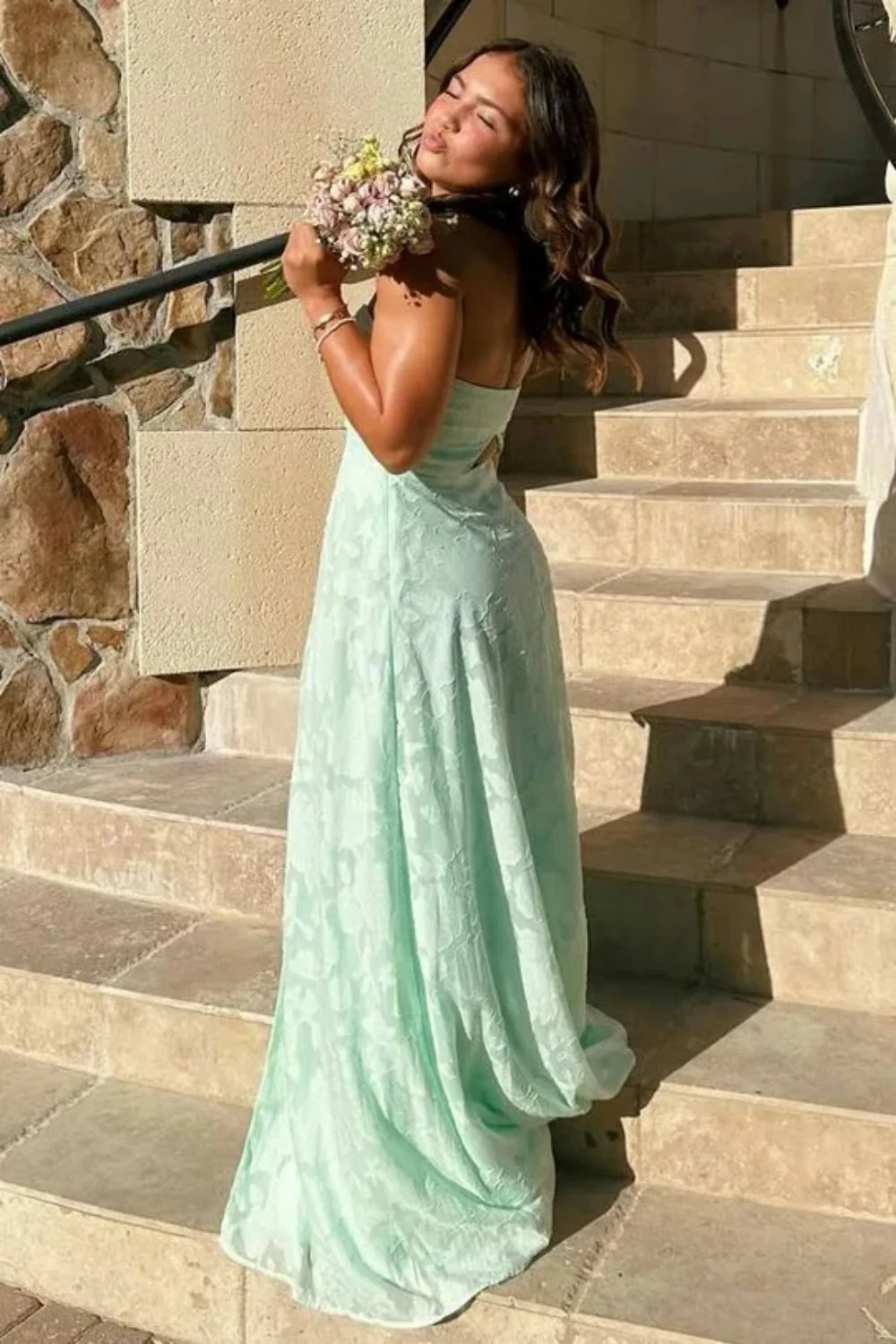 Mint Green Strapless Prom Dress with Front Slit and Textured Fabric - Image 2