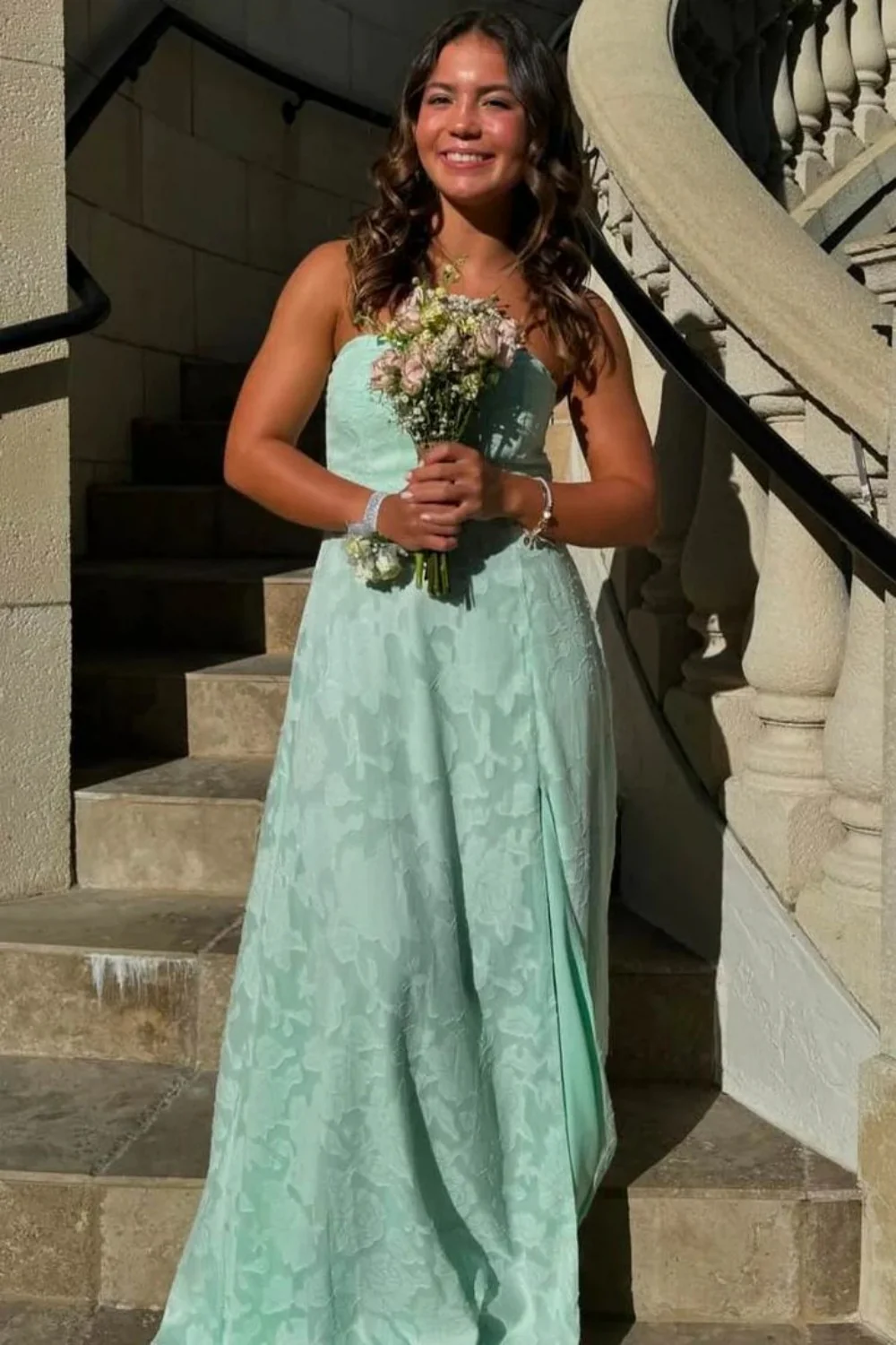 Mint Green Strapless Prom Dress with Front Slit and Textured Fabric - Image 3