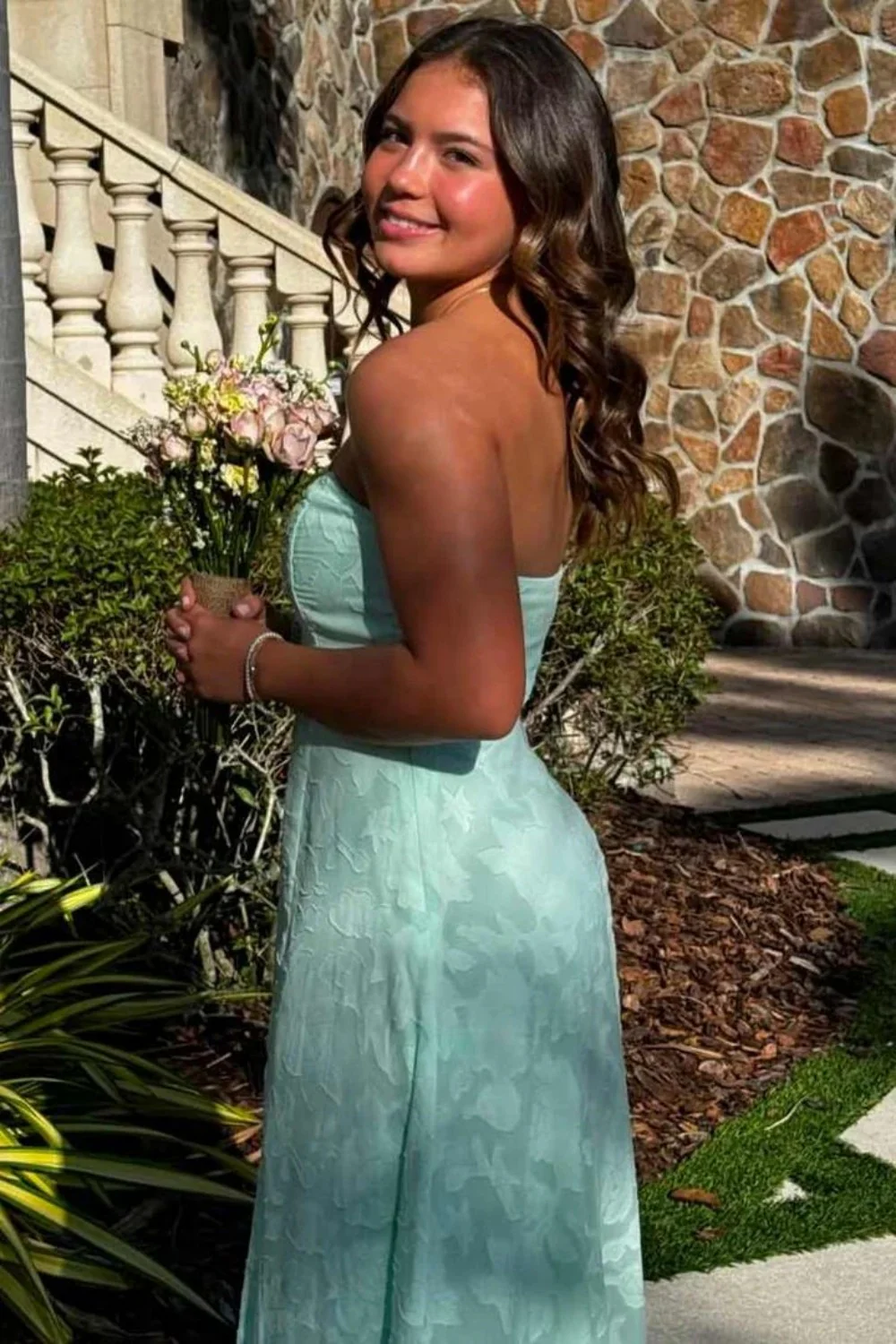 Mint Green Strapless Prom Dress with Front Slit and Textured Fabric - Image 4