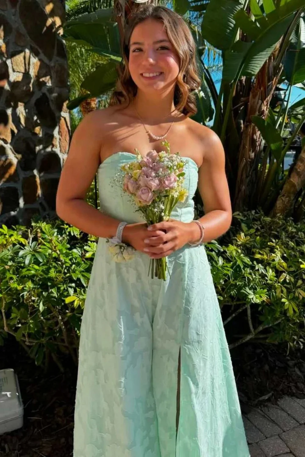 Mint Green Strapless Prom Dress with Front Slit and Textured Fabric - Image 6
