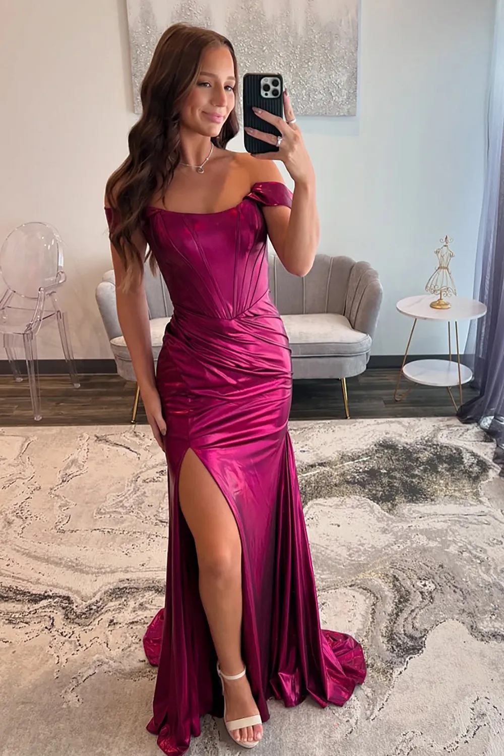 Mulberry Off-the-Shoulder Metallic Long Mermaid Prom Dress with Leg Slit - Image 3