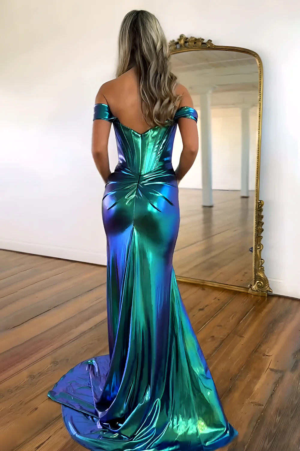 Mulberry Off-the-Shoulder Metallic Long Mermaid Prom Dress with Leg Slit - Image 6