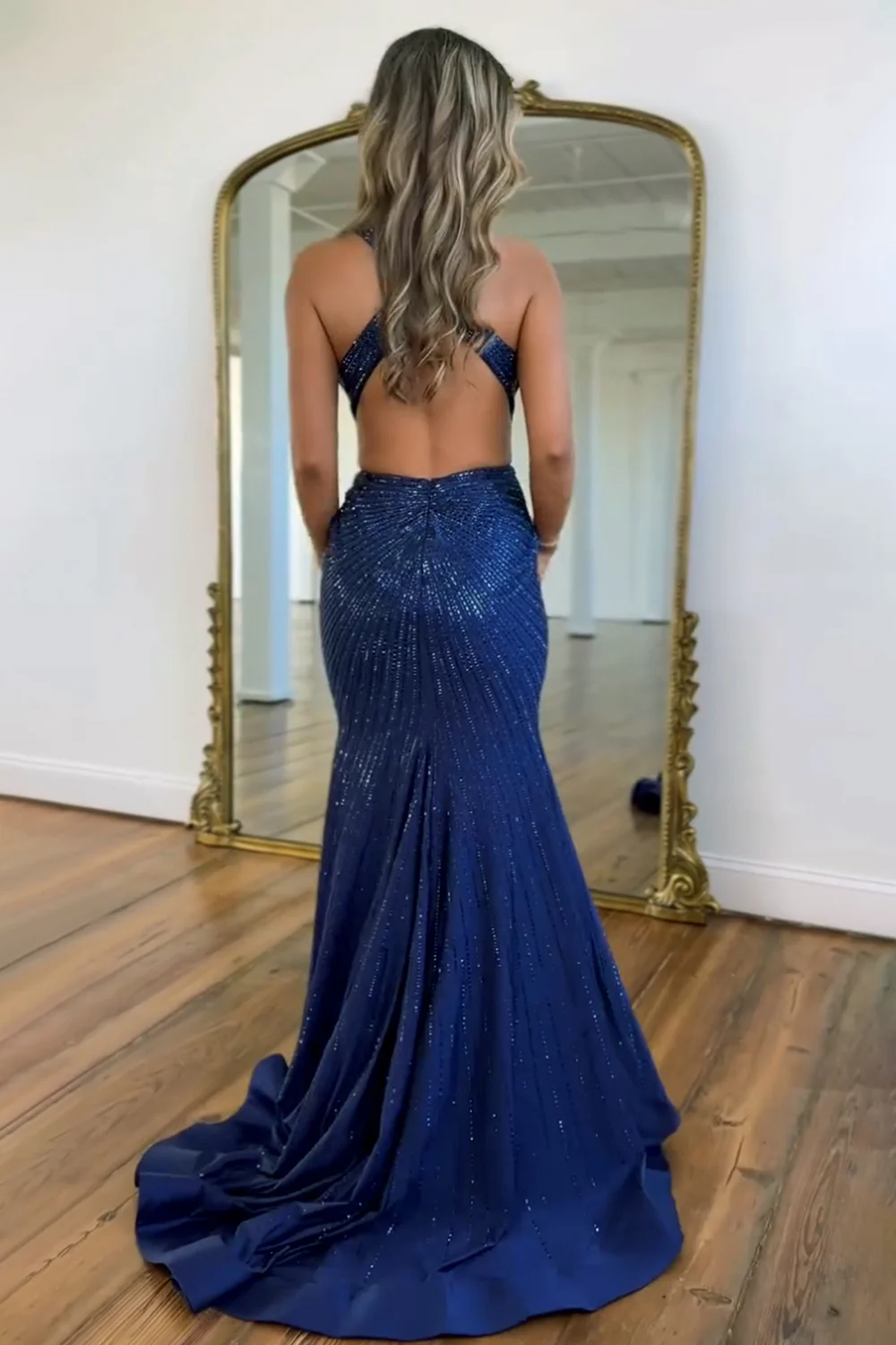 Navy Blue Mermaid Deep V Cross Back Gown with Beading and Slit Prom Dress - Image 2
