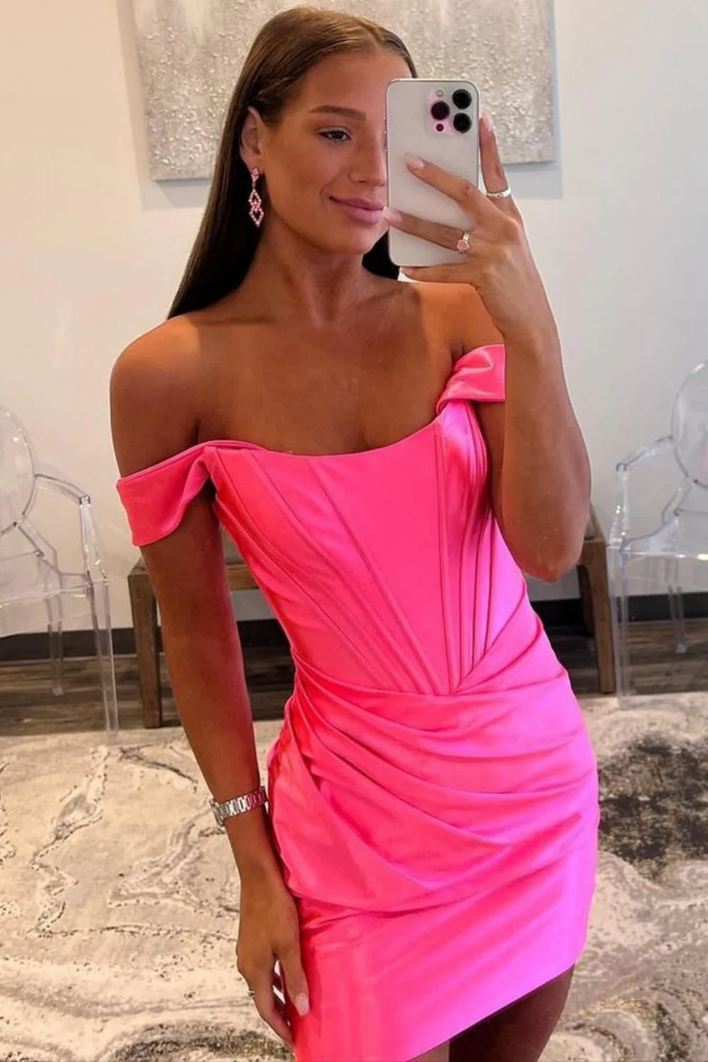 Off-the-Shoulder Satin Bodycon Homecoming Dress with Pleated Detail - Image 4