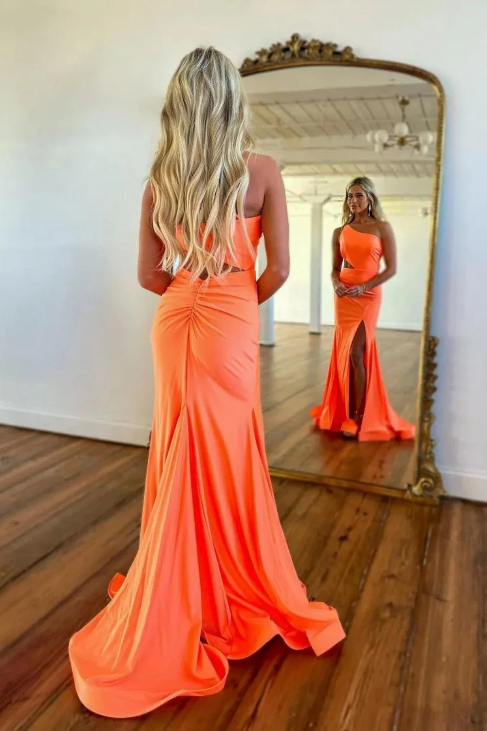 Orange One Shoulder Satin Mermaid Prom Dress with Cutout Waist and Slit - Image 2