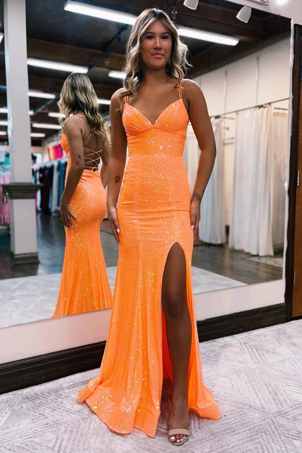Orange Sequin Spaghetti Straps Lace Up Long Prom Dress with Slit - Image 3