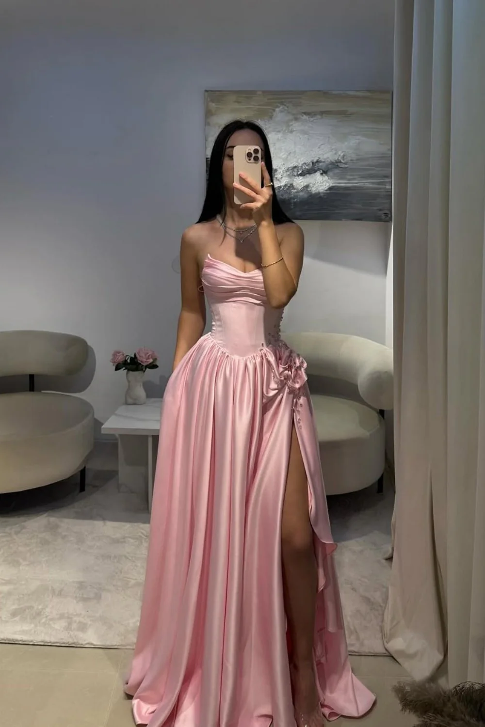 Pale Pink Satin Strapless Homecoming Dress with Rhinestone 3D Flower and High Slit - Image 6
