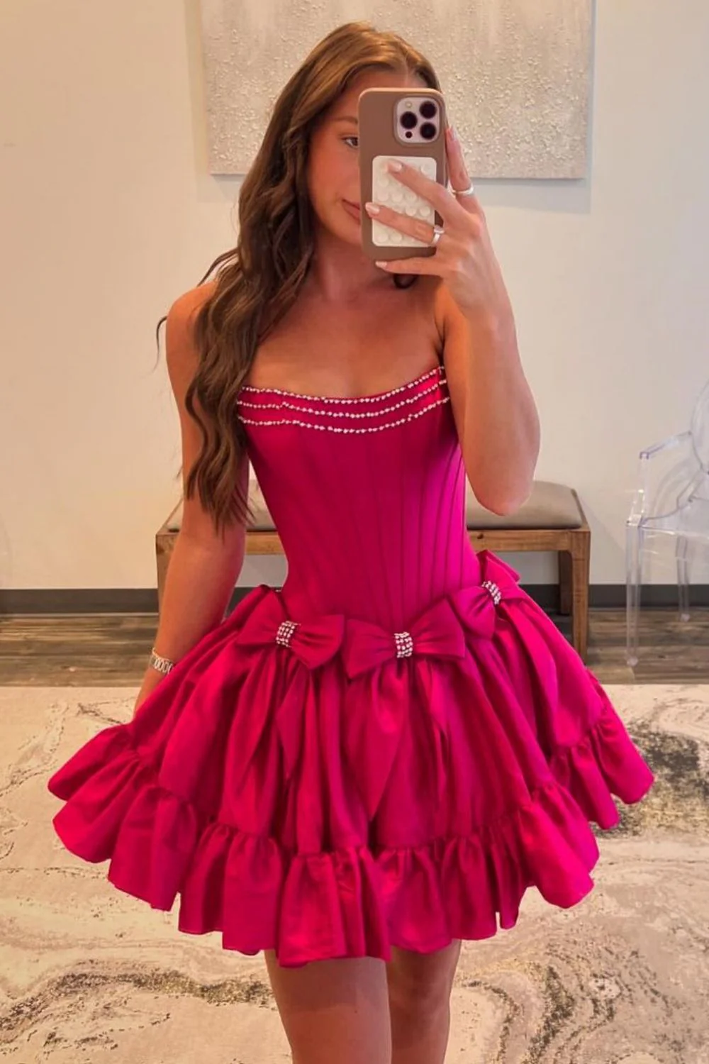 Pink A-Line Strapless Short Satin Homecoming Dress with Bowknot Detail - Image 2