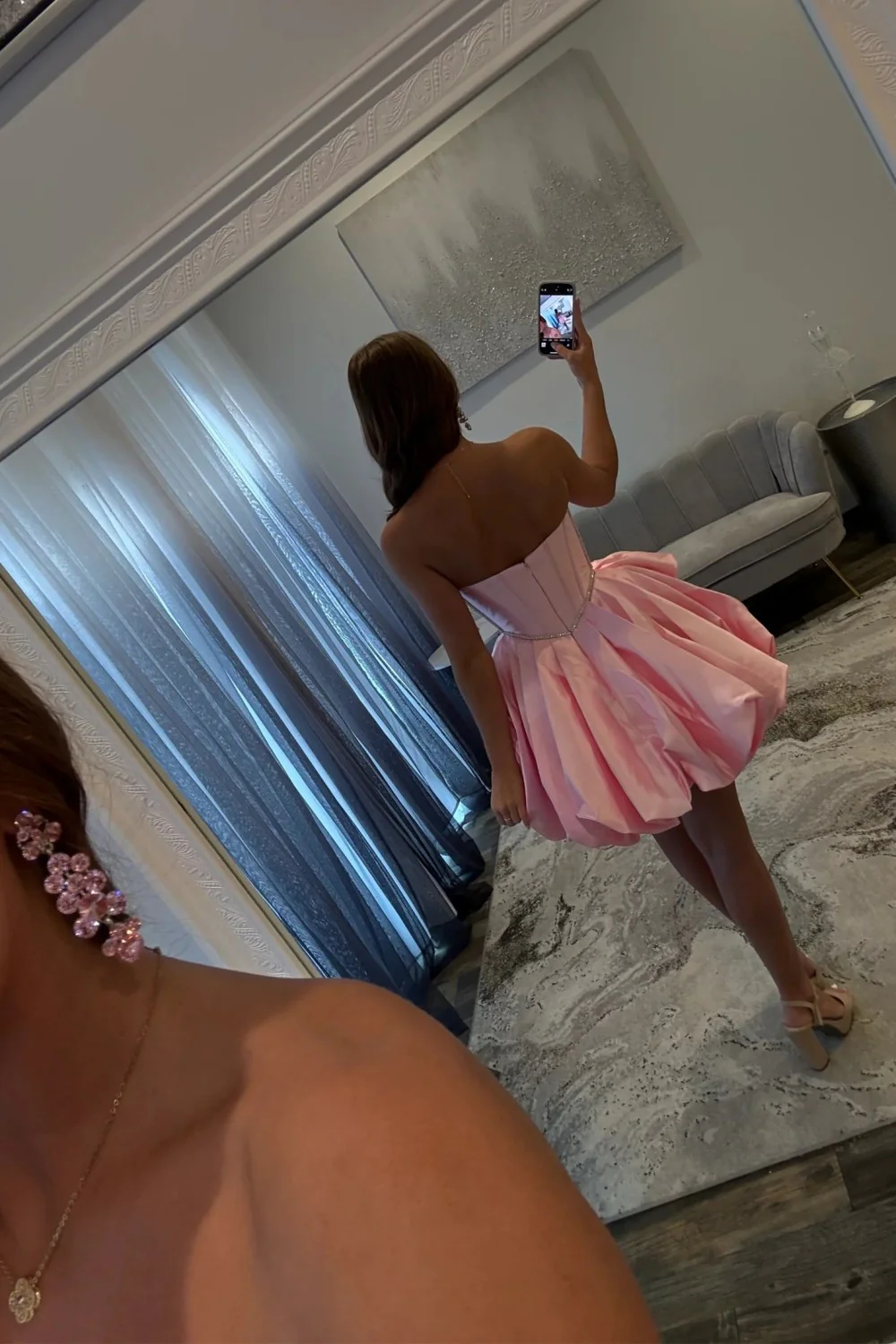Pink Bubble Hem Homecoming Dress with Rhinestone Corset Bodice and Bow - Image 3