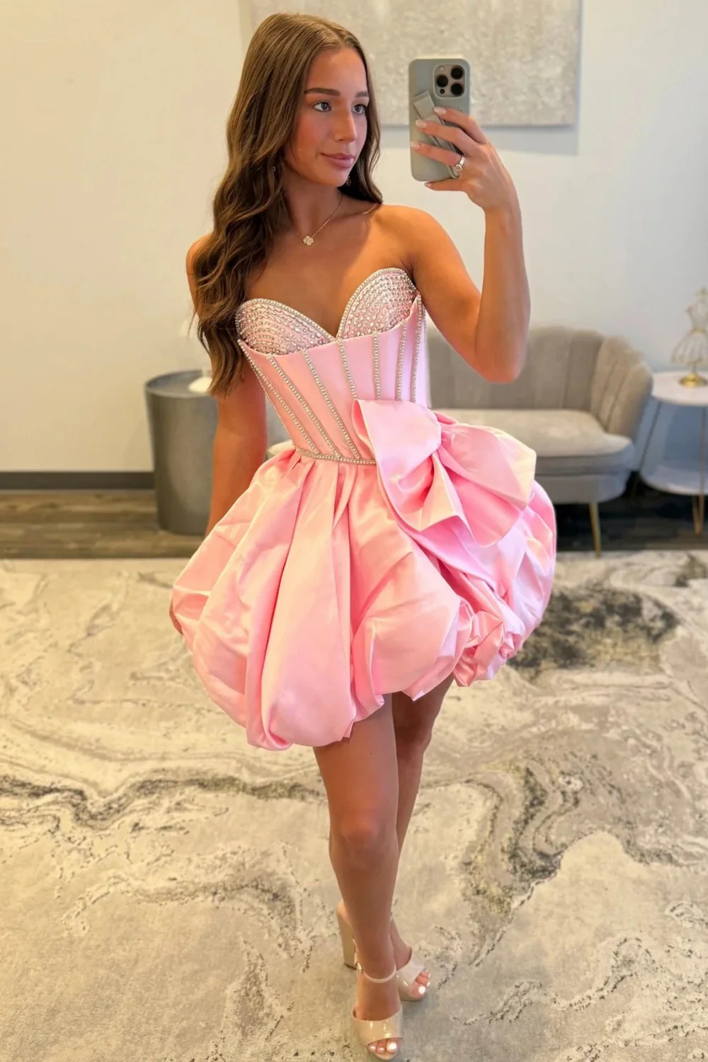 Pink Bubble Hem Homecoming Dress with Rhinestone Corset Bodice and Bow - Image 4