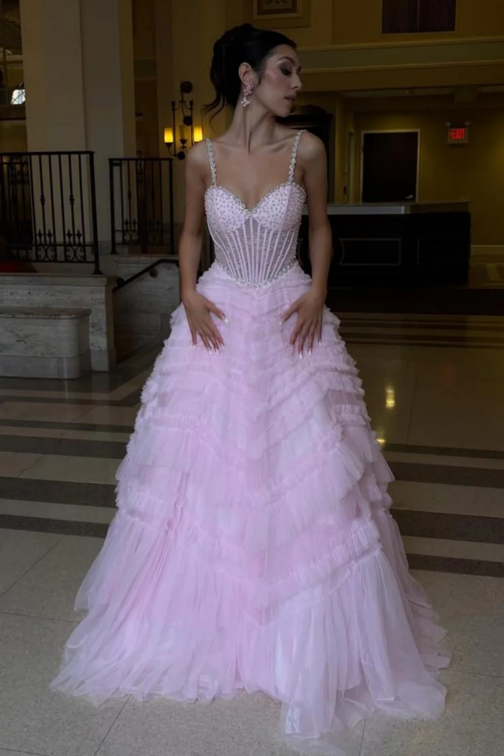 Pink Corset Spaghetti Straps Prom Ball Gown with Beaded Bodice & Tiered Skirt