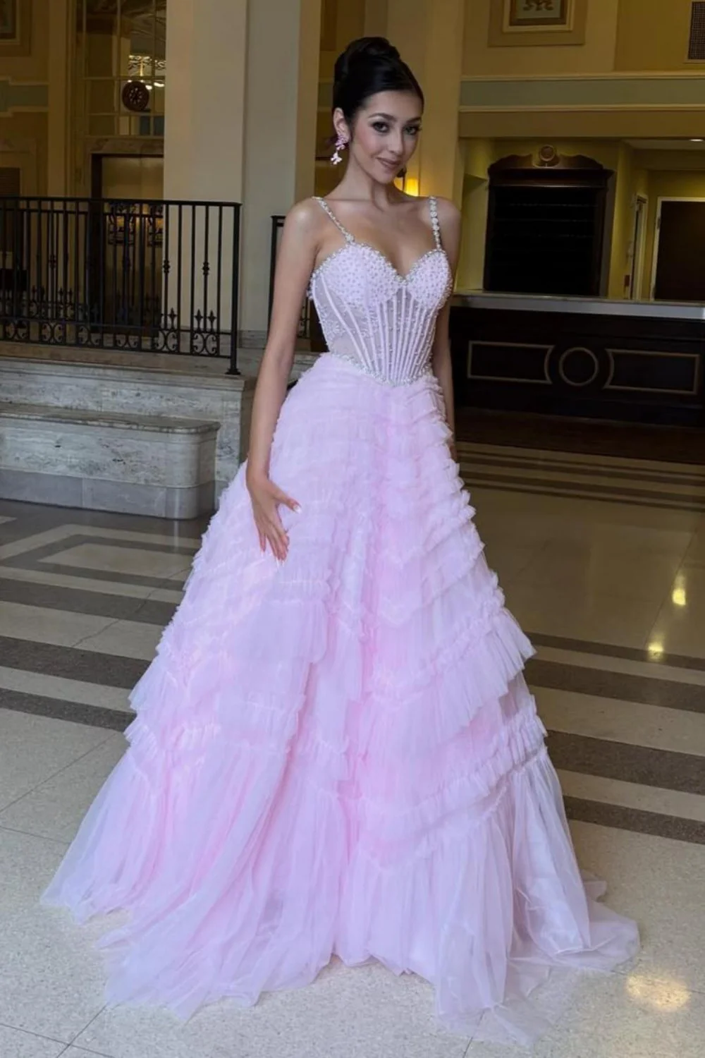Pink Corset Spaghetti Straps Prom Ball Gown with Beaded Bodice & Tiered Skirt - Image 2