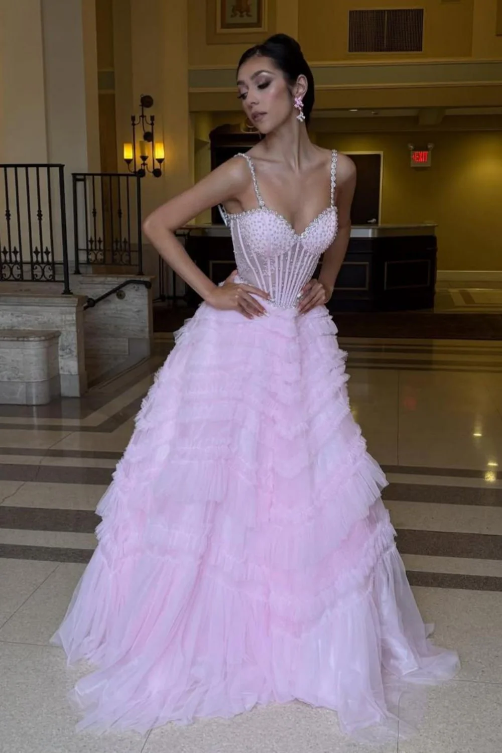 Pink Corset Spaghetti Straps Prom Ball Gown with Beaded Bodice & Tiered Skirt - Image 3