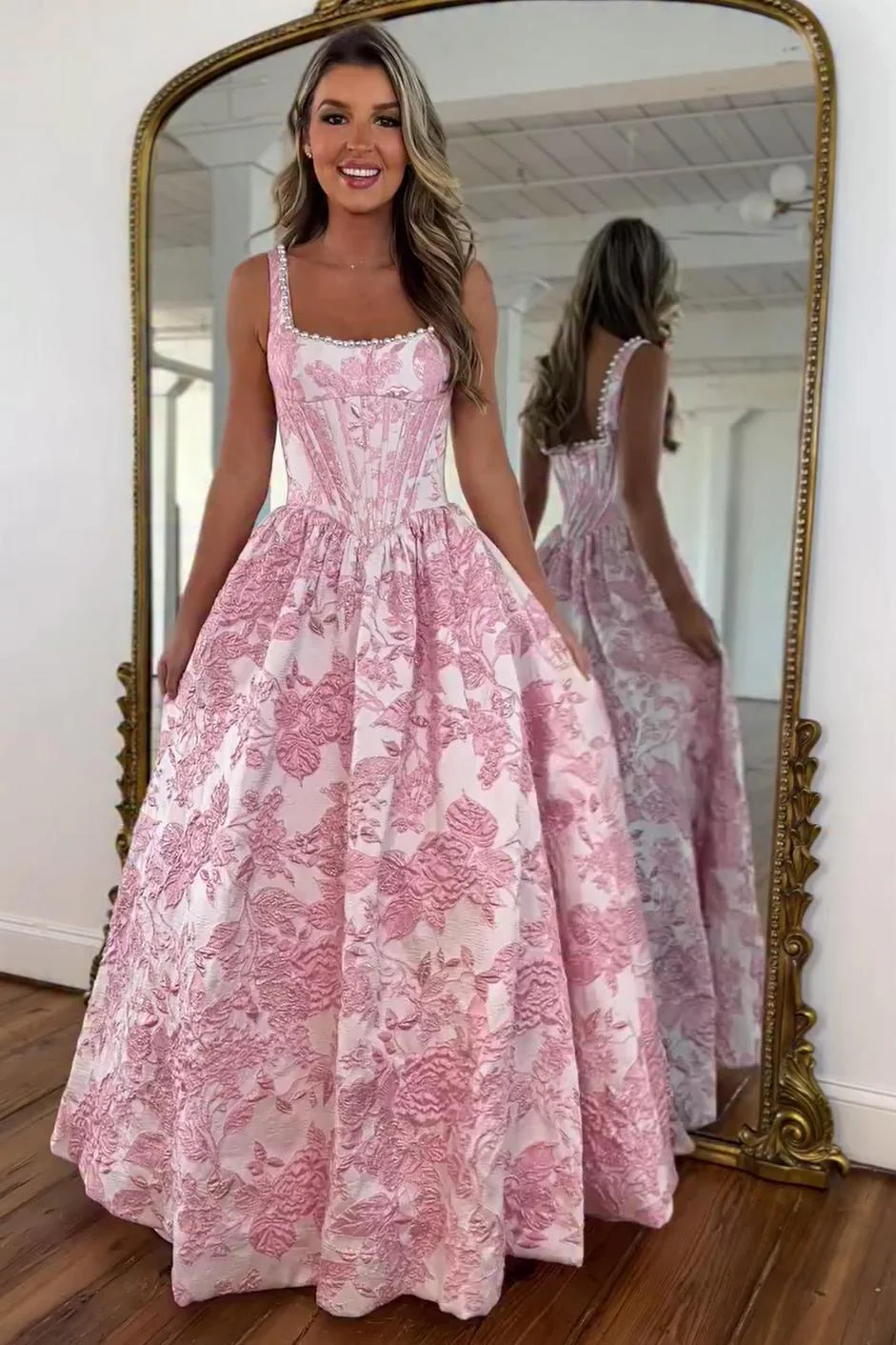 Pink Floral Corset Ball Gown Prom Dress with Pearl Beaded Straps