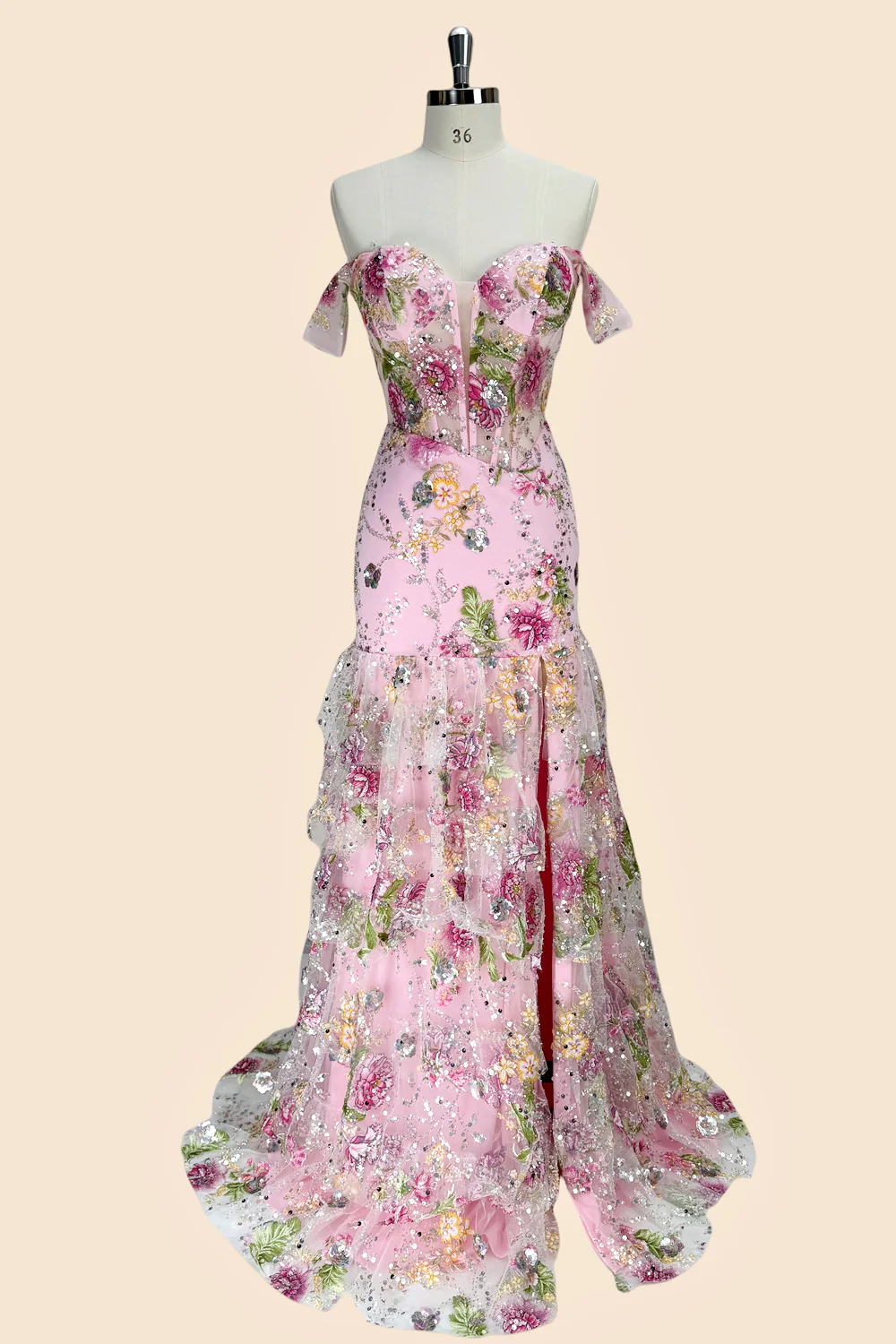 Pink Floral Off Shoulder Corset Mermaid Prom Dress with Slit and Lace Up Back - Image 2