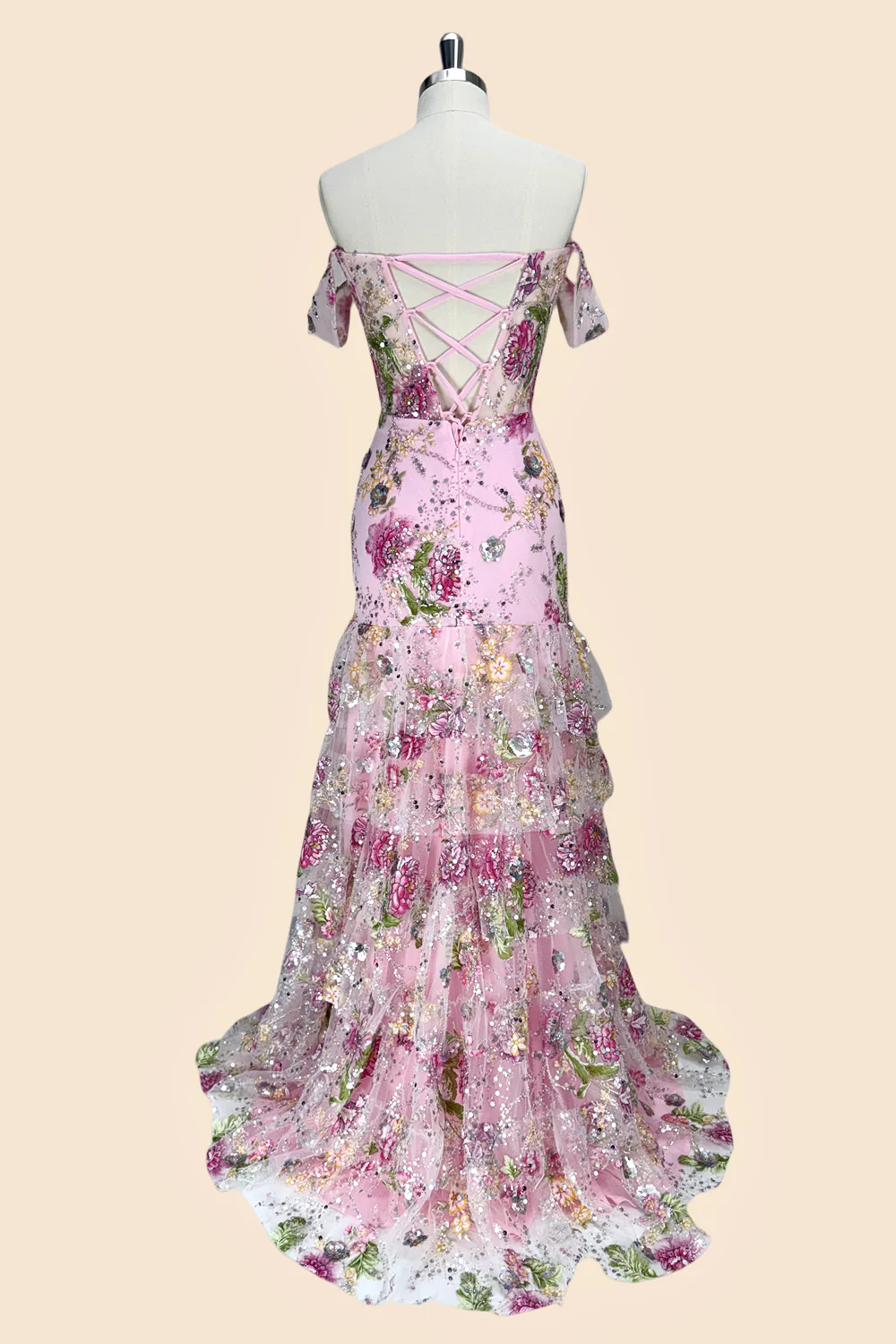 Pink Floral Off Shoulder Corset Mermaid Prom Dress with Slit and Lace Up Back - Image 3