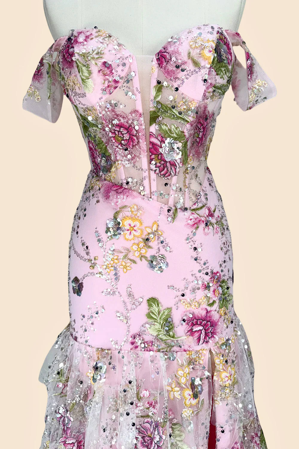 Pink Floral Off Shoulder Corset Mermaid Prom Dress with Slit and Lace Up Back - Image 4