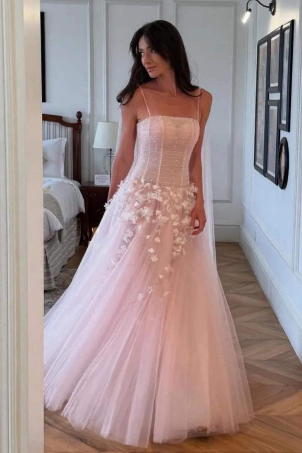 Pink Floral Spaghetti Straps Tulle Ball Gown Prom Dress with Corset Bodice - Image 2