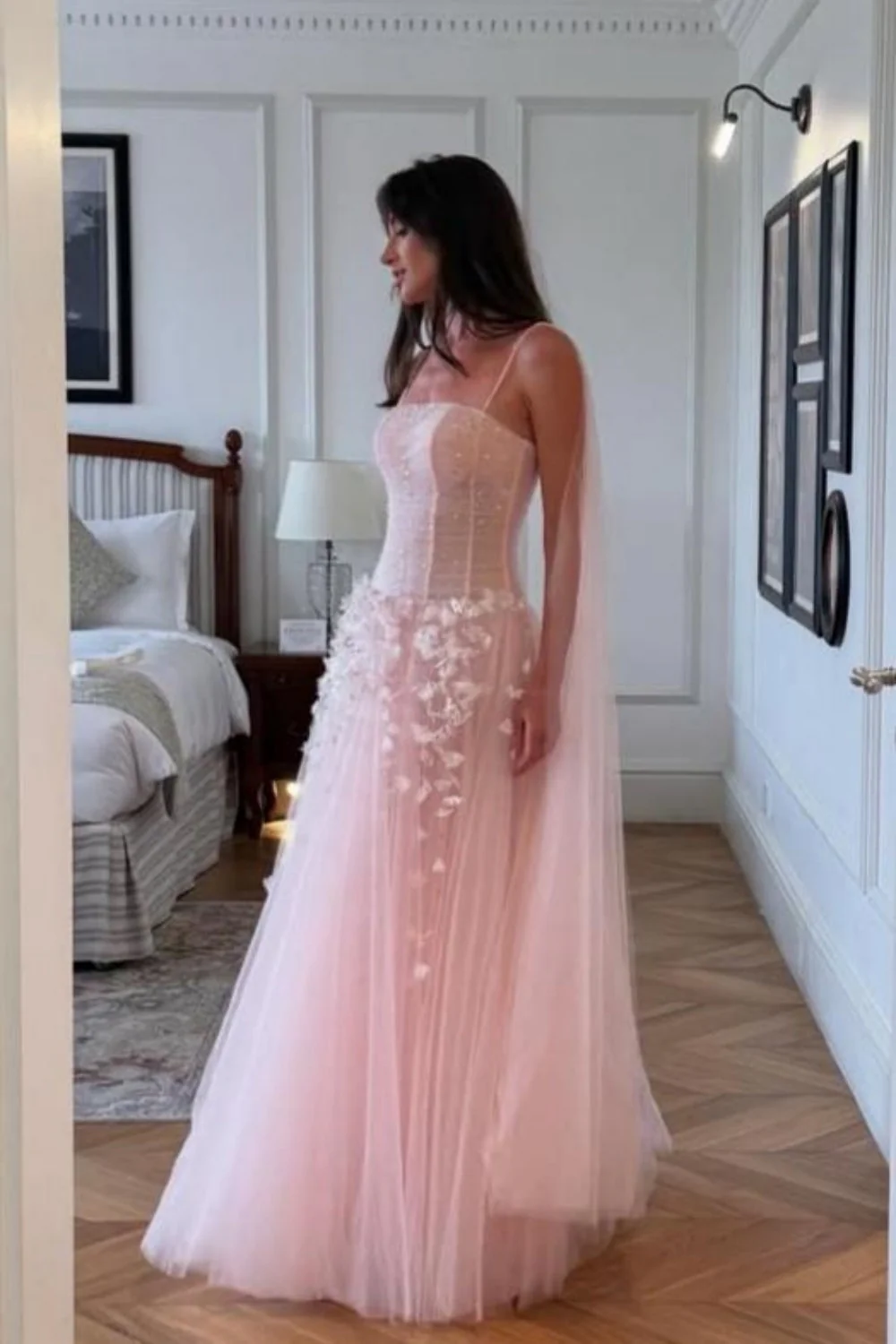 Pink Floral Spaghetti Straps Tulle Ball Gown Prom Dress with Corset Bodice - Image 3