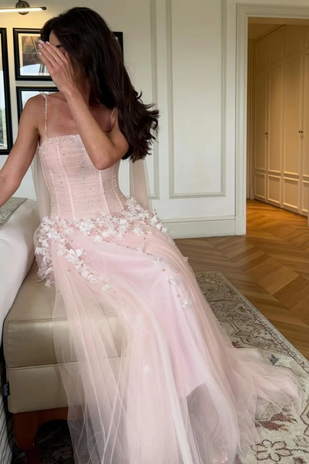 Pink Floral Spaghetti Straps Tulle Ball Gown Prom Dress with Corset Bodice - Image 5