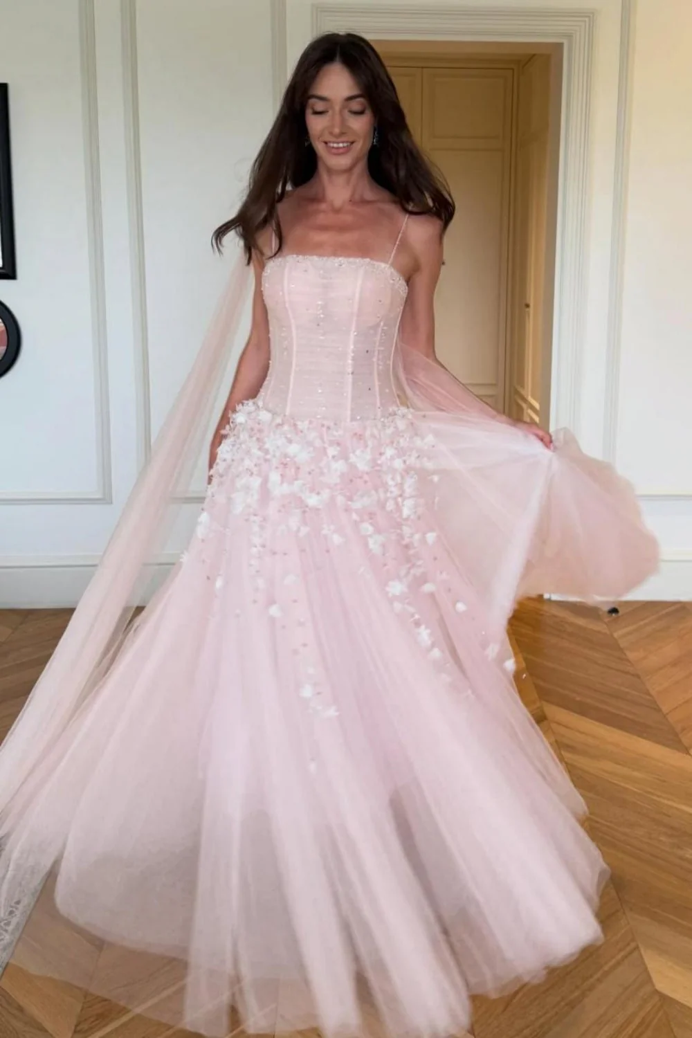 Pink Floral Spaghetti Straps Tulle Ball Gown Prom Dress with Corset Bodice - Image 6