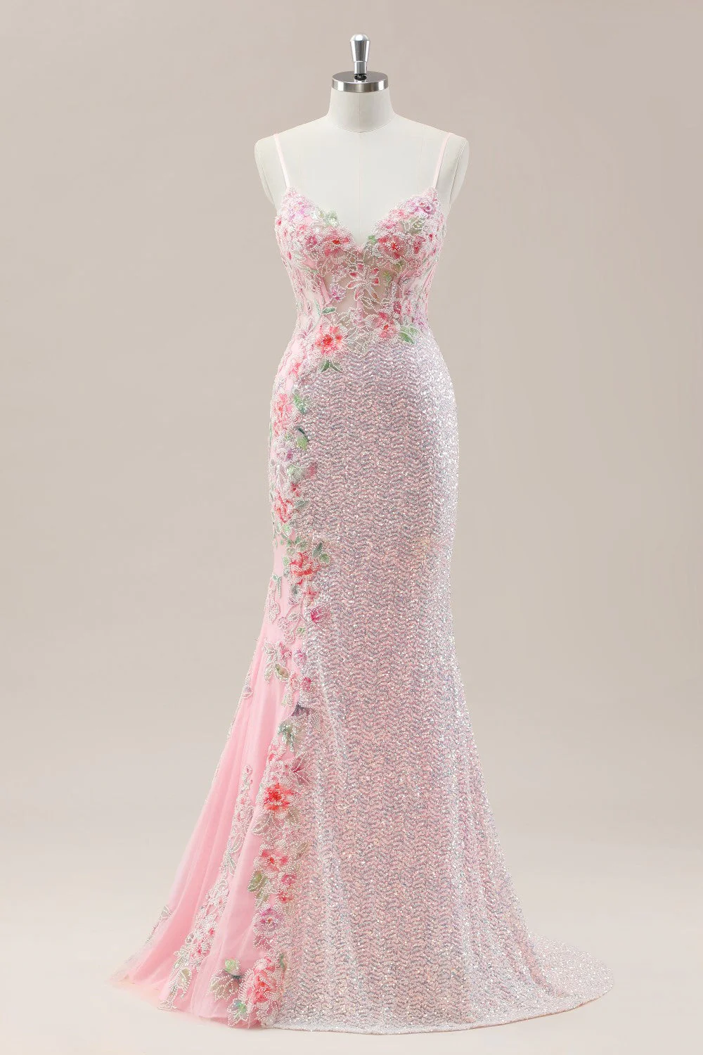 Pink Prom Dress in Mermaid Style Featuring Floral Appliqués and Shimmering Sequins