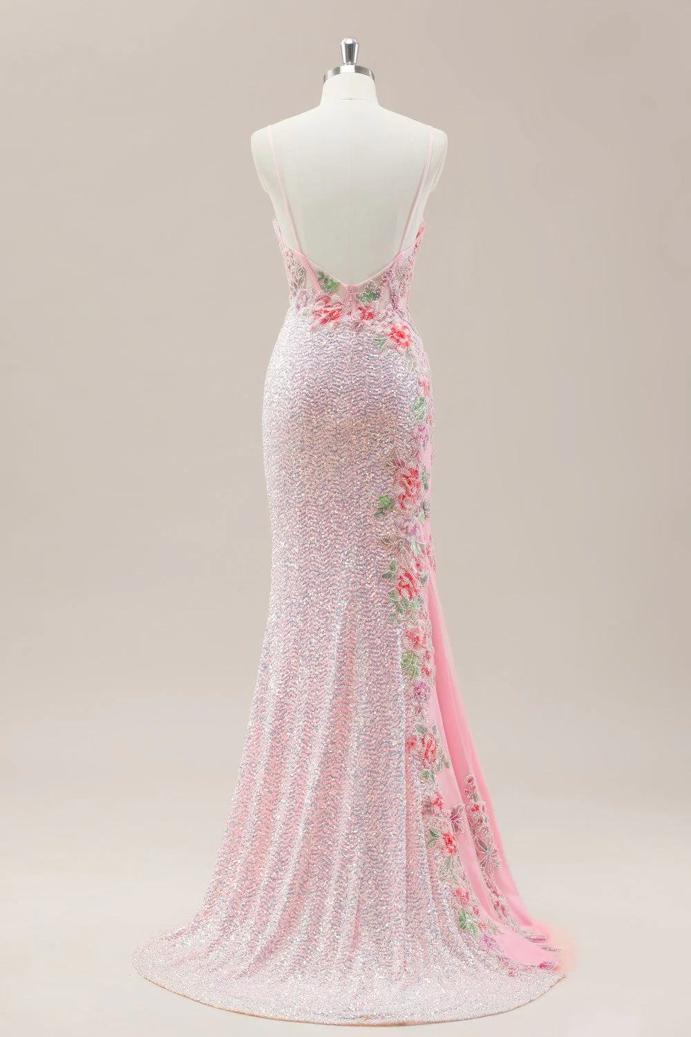 Pink Prom Dress in Mermaid Style Featuring Floral Appliqués and Shimmering Sequins - Image 2